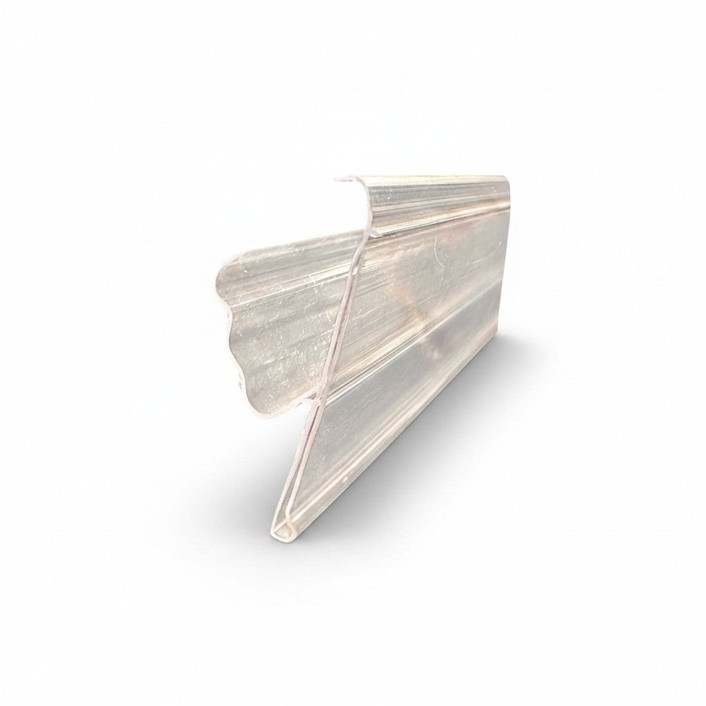 SuperSellerS clear plastic data strip with shelf grip for retail price labeling, 98.8 cm long.