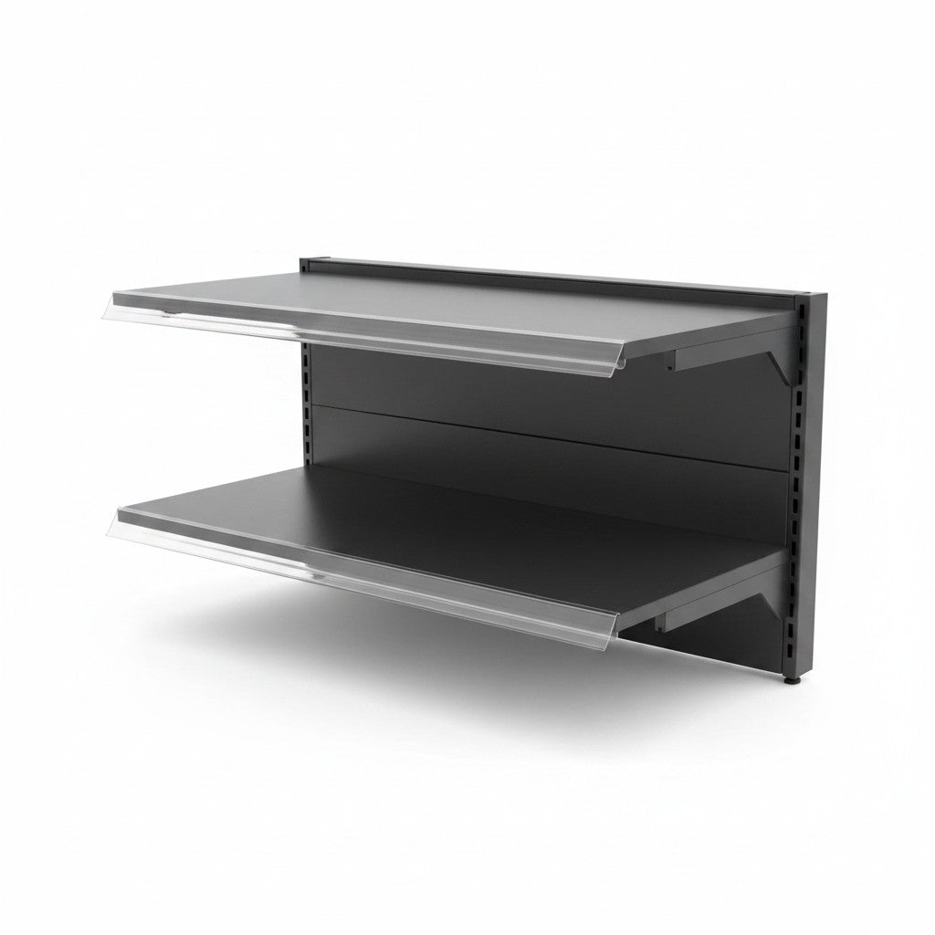 SuperSellerS clear plastic data strip with shelf grip mounted on black retail shelving for price labeling