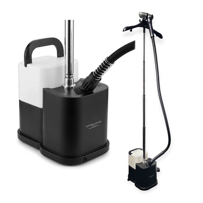 SuperSellerS Elite professionel tøjdamper i sort med 4 liters vandtank, metalhoved og justerbar stang med bøjle.