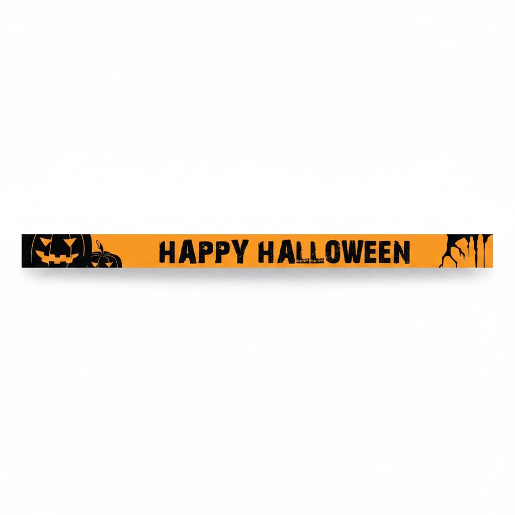 SuperSellerS self-adhesive orange and black Happy Halloween window streamer, 120 cm long with pumpkin graphics.