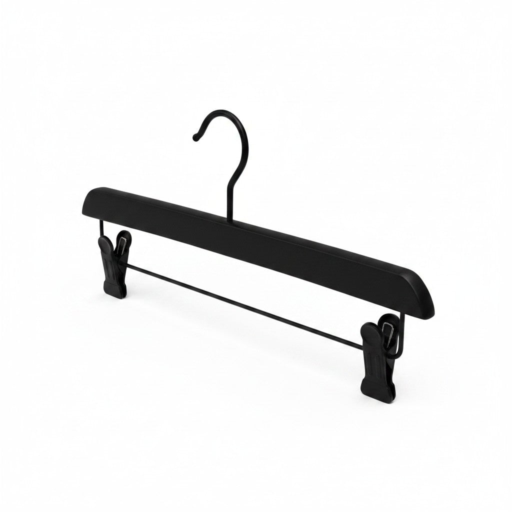 SuperSellerS 35 cm matte black rubber-coated wooden trouser hanger with durable plastic clips for pants and skirts