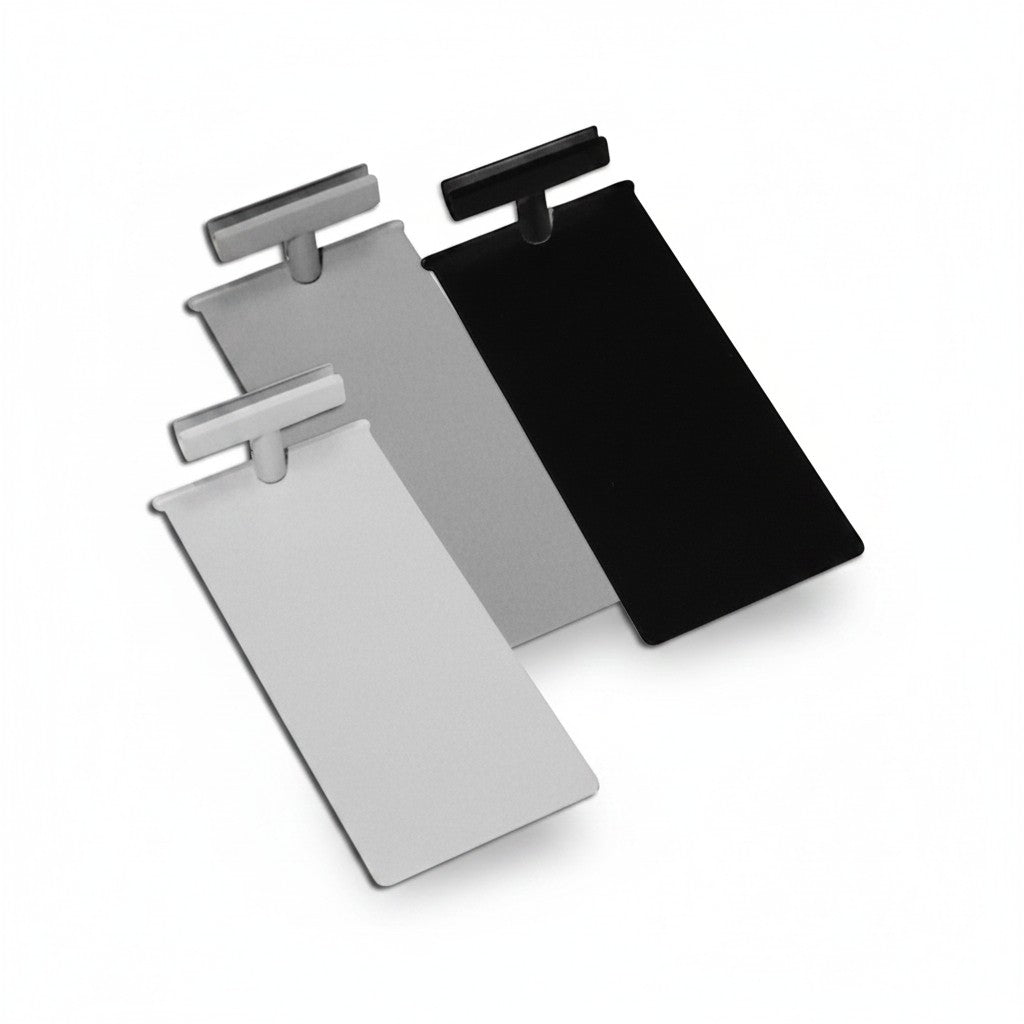 SuperSellerS white, grey, and black plastic sign holder bases for retail shelf displays