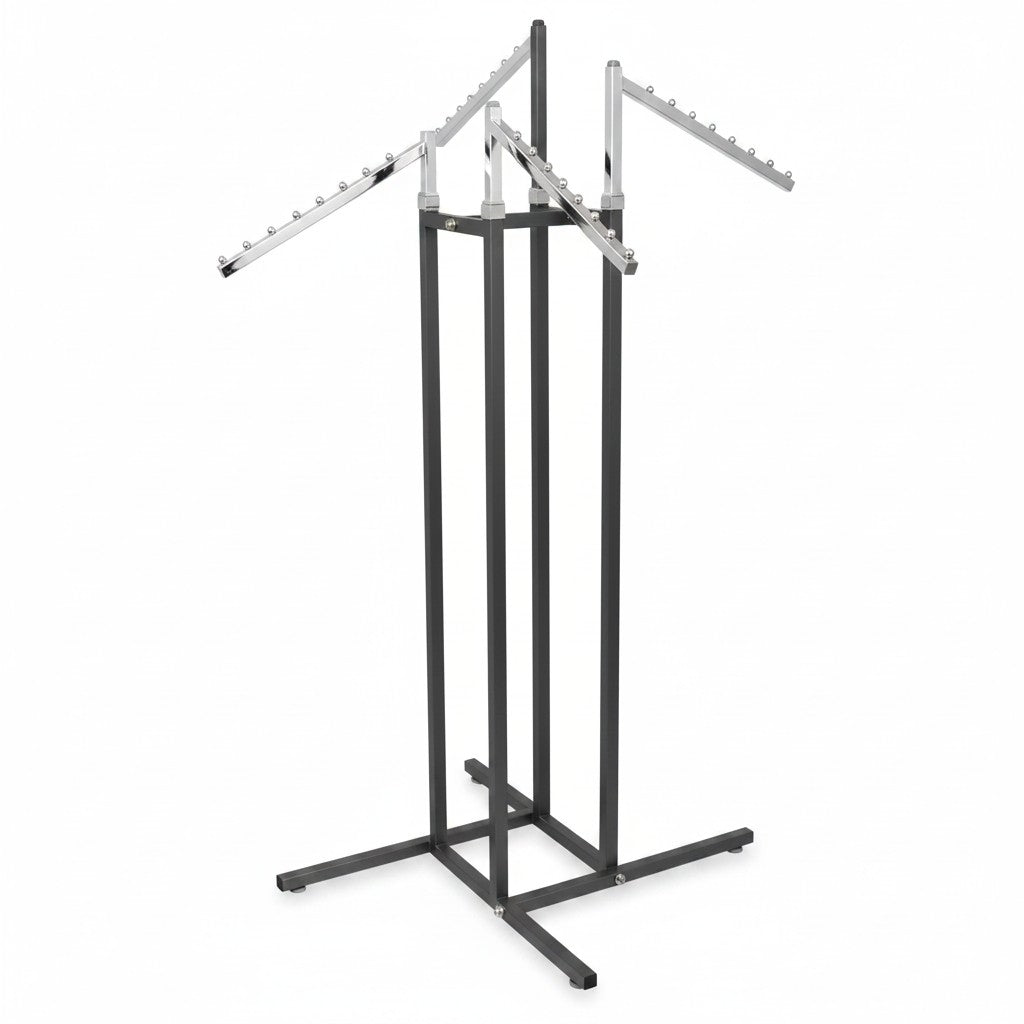 SuperSellerS height-adjustable clothing display stand with four chrome slanted arms and ball stops on a titan frame.