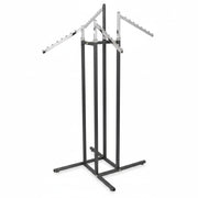 SuperSellerS height-adjustable clothing display stand with four chrome slanted arms and ball stops on a titan frame.