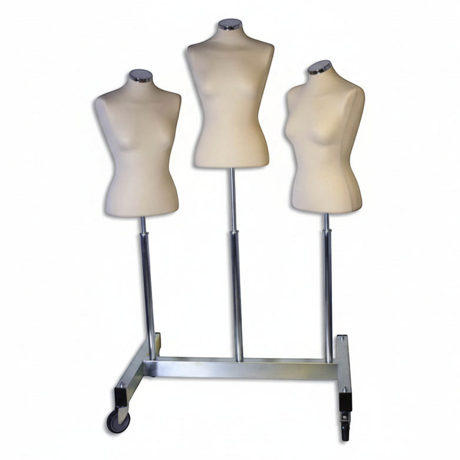 SuperSellerS clothing display rack with three beige female torso mannequins on adjustable chrome stands