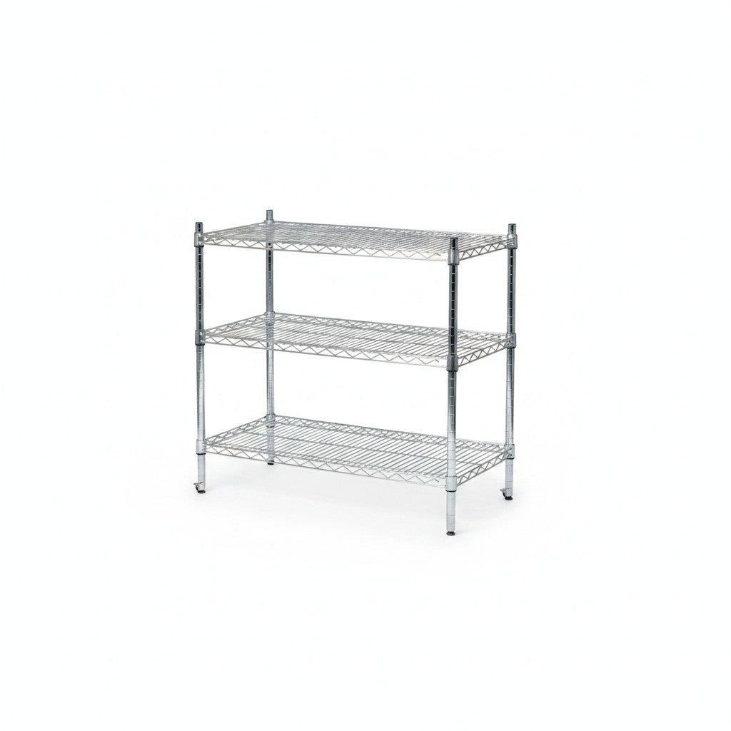 SuperSellerS TUBO 3-tier chrome wire shelving unit for retail, warehouse, or office storage, 91x36x90 cm.