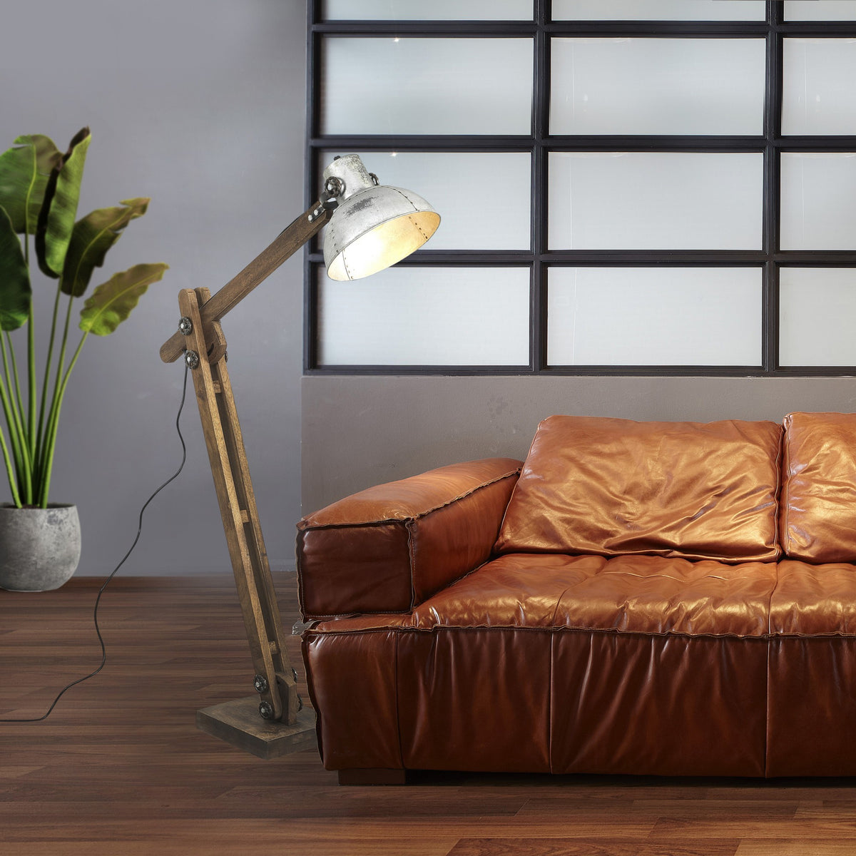 SuperSellerS vintage floor lamp with adjustable metal head and wooden frame in a modern living room setting