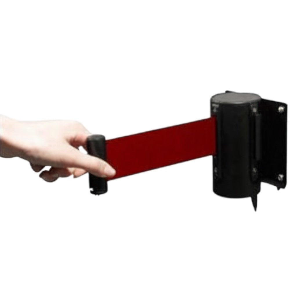 SuperSellerS wall-mounted barrier with a 2-meter red retractable belt and black housing, held by a hand.