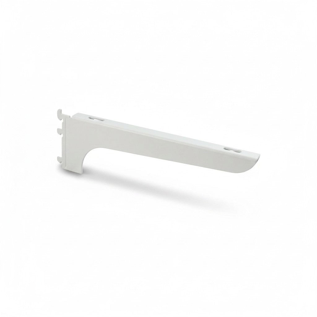 SuperSellerS white left-side shelf bracket for wall rails, 30 cm long, suitable for melamine or glass shelves.