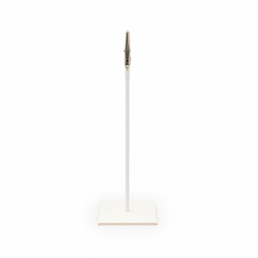 SuperSellerS white 20 cm sign holder with a metal crocodile clip for retail displays on shelves and tables.